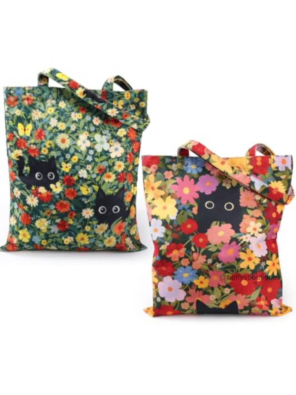 2 Pc Canvas Tote Bag Set Magnetic Closure Large Shoulder Purse Cute Cat
